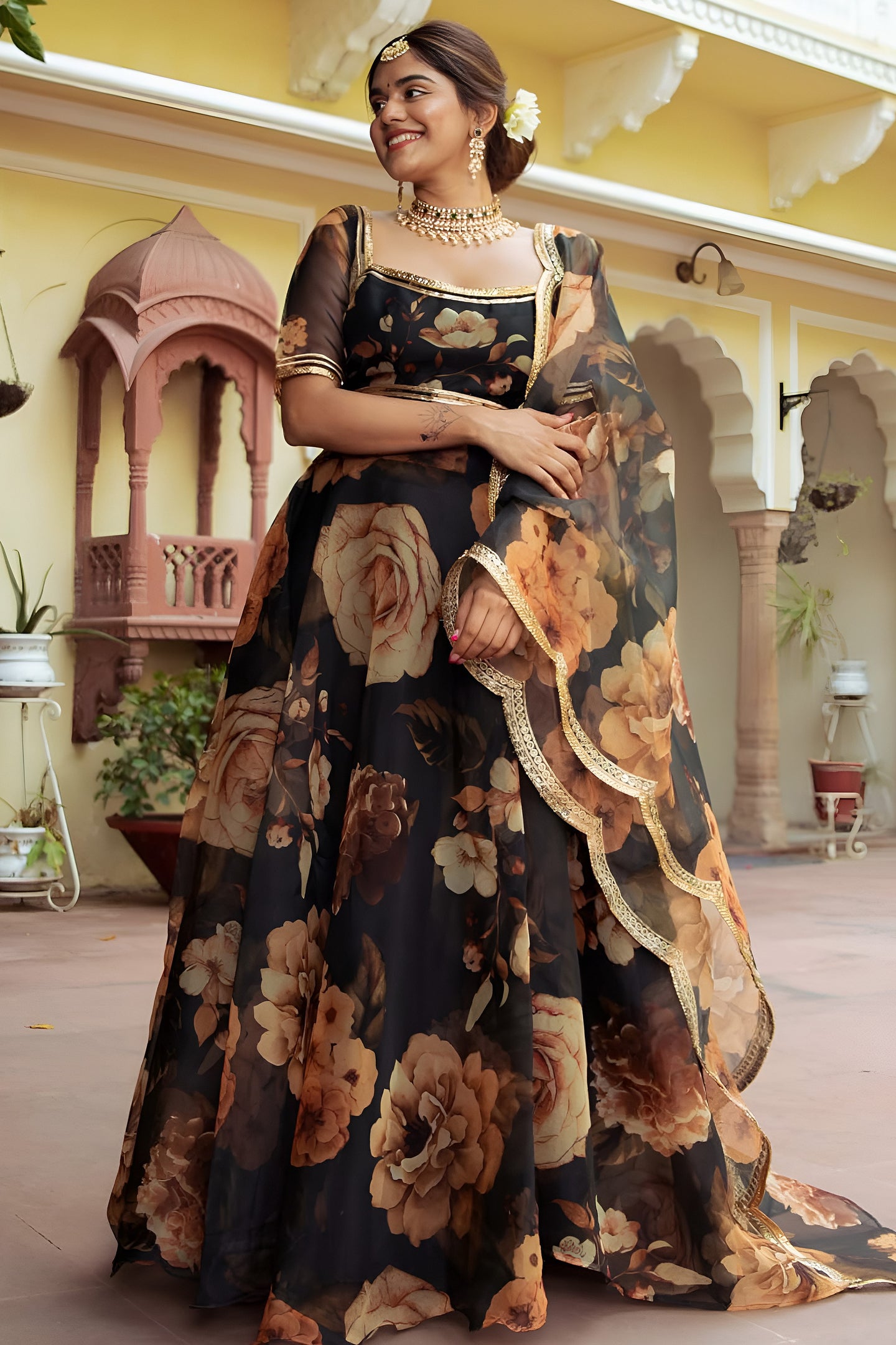 Black Organza Silk Floral Wedding Lehenga with Print & Gota Patti Work
