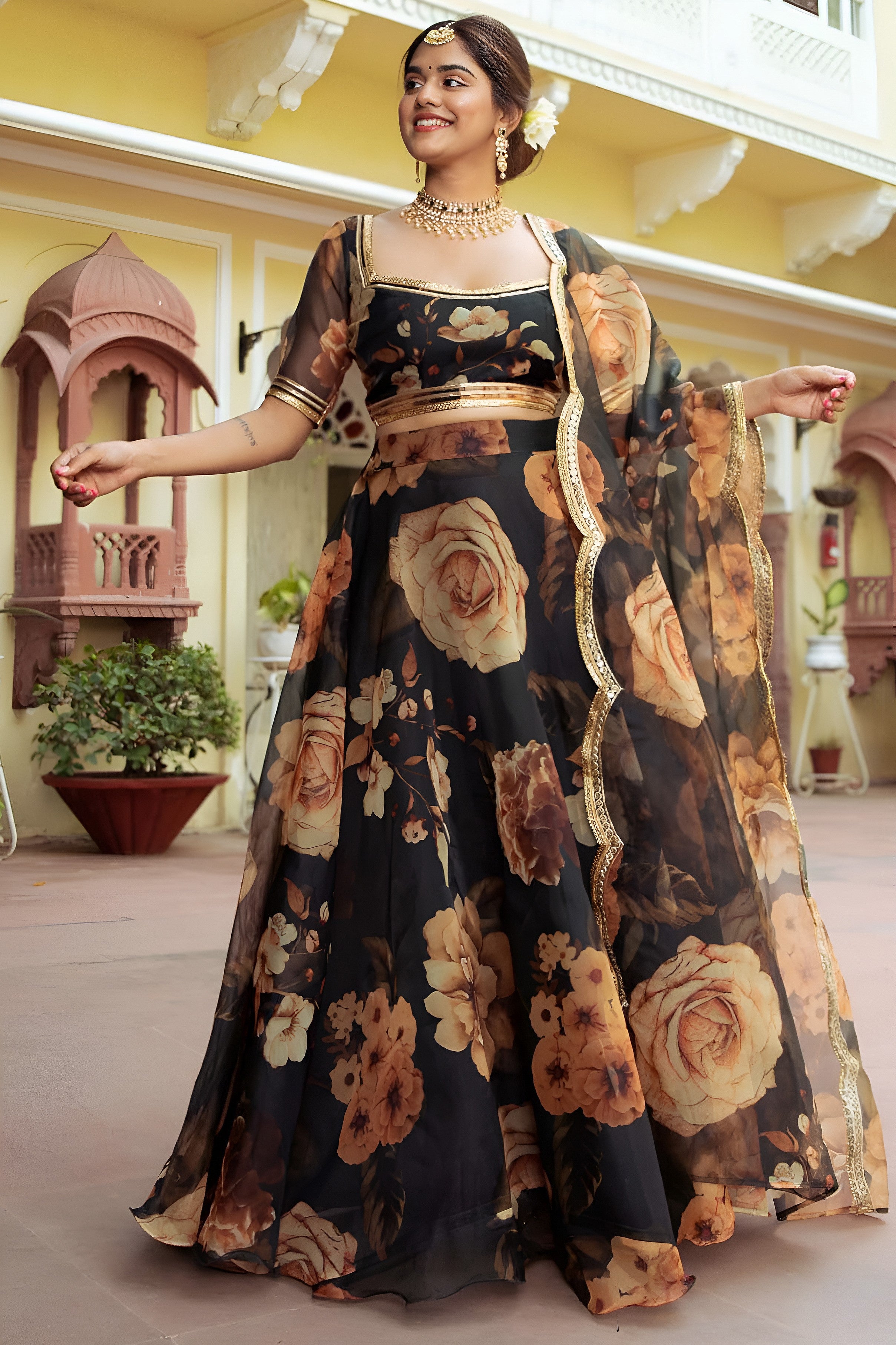 Black Organza Silk Floral Wedding Lehenga with Print & Gota Patti Work