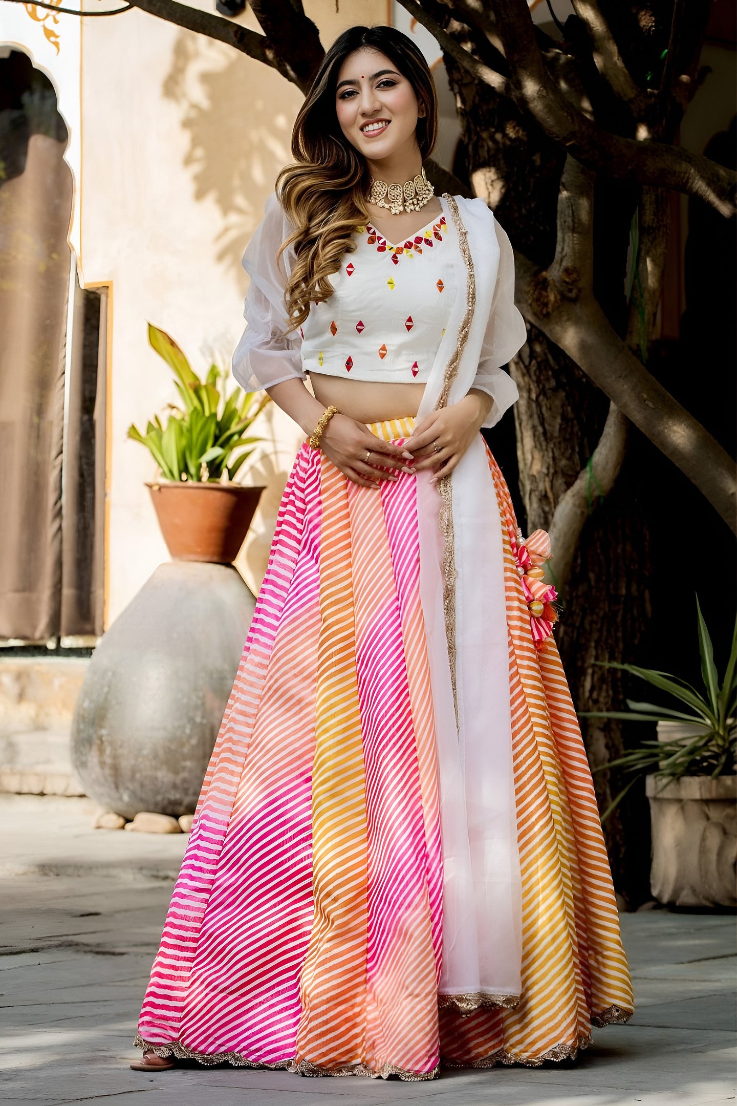 Pink Organza Silk Multicolor Lehenga Choli with Resham Mirror & Zari Work