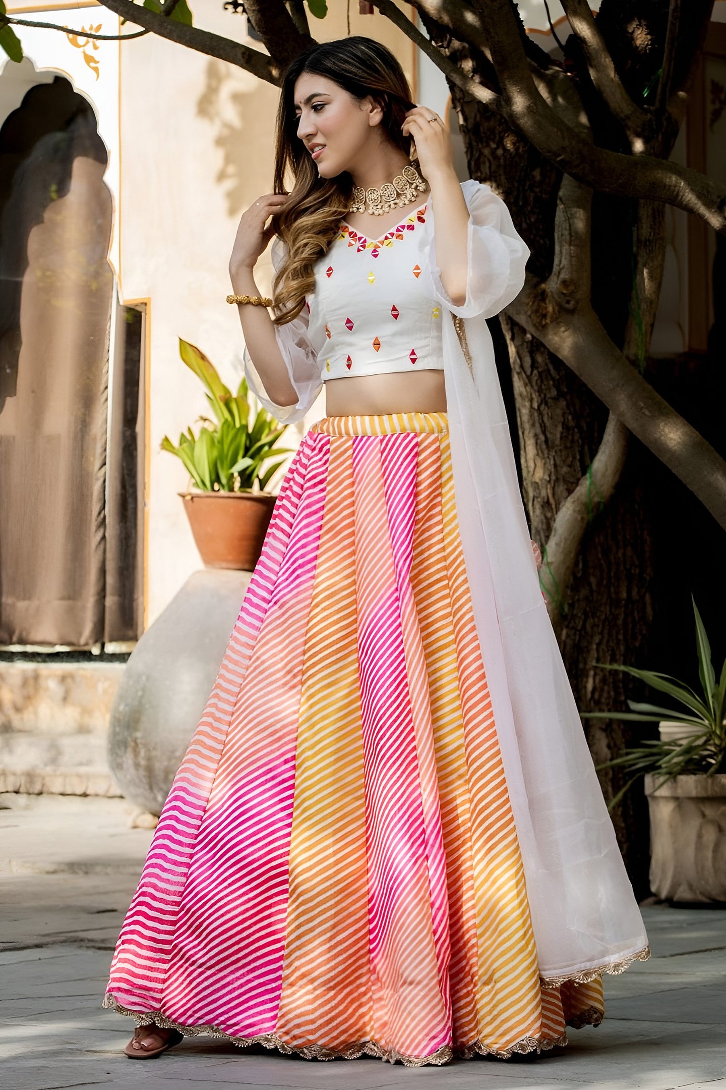 Pink Organza Silk Multicolor Lehenga Choli with Resham Mirror & Zari Work