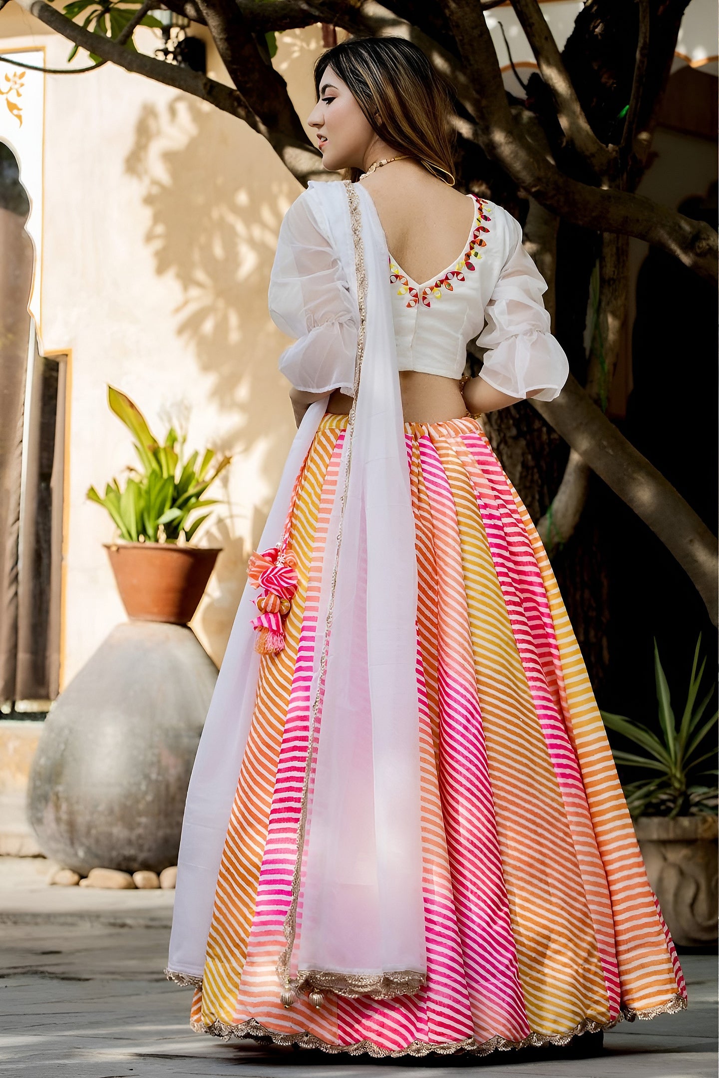Pink Organza Silk Multicolor Lehenga Choli with Resham Mirror & Zari Work