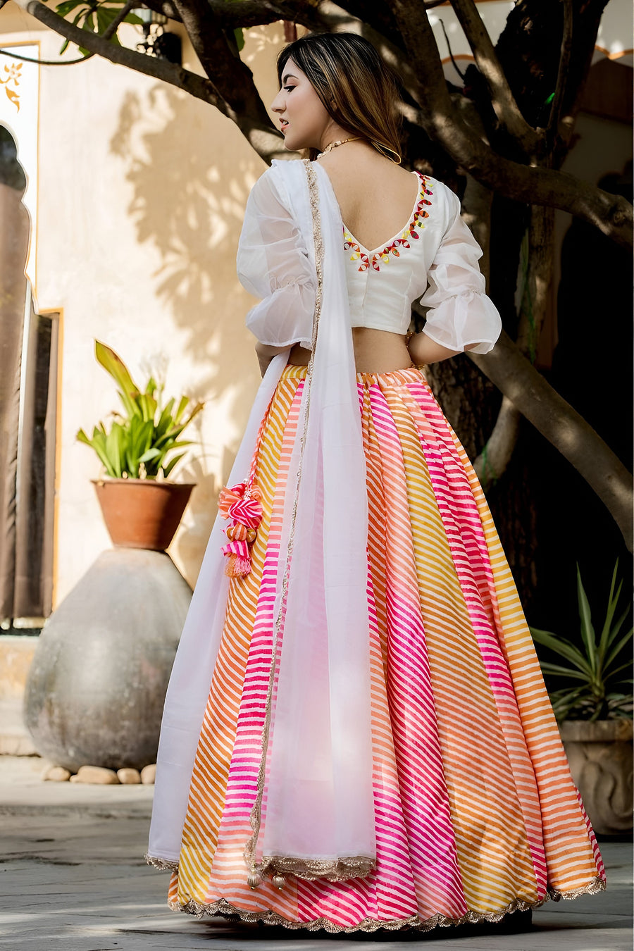Pink Organza Silk Multicolor Lehenga Choli with Resham Mirror & Zari Work