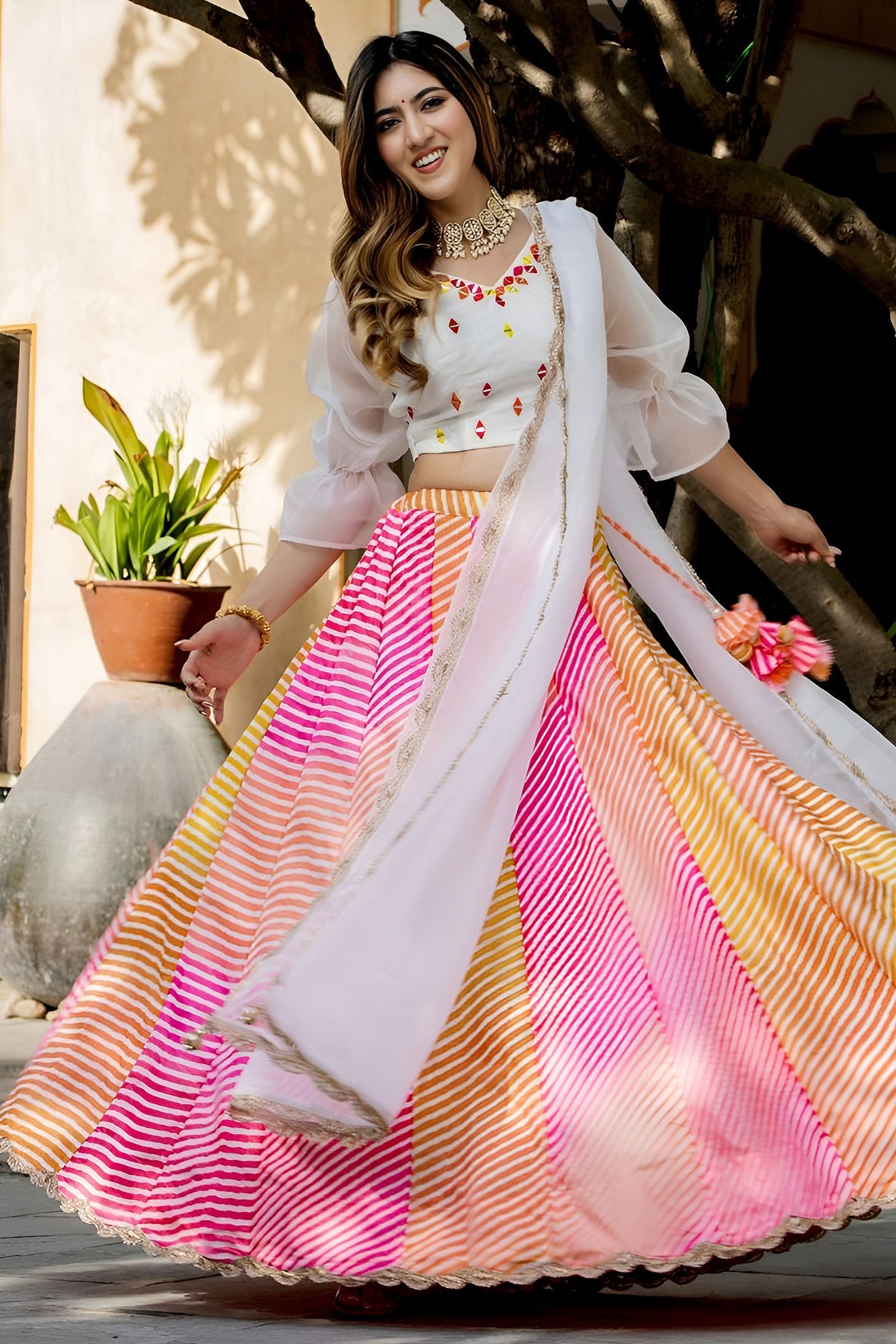 Pink Organza Silk Multicolor Lehenga Choli with Resham Mirror & Zari Work