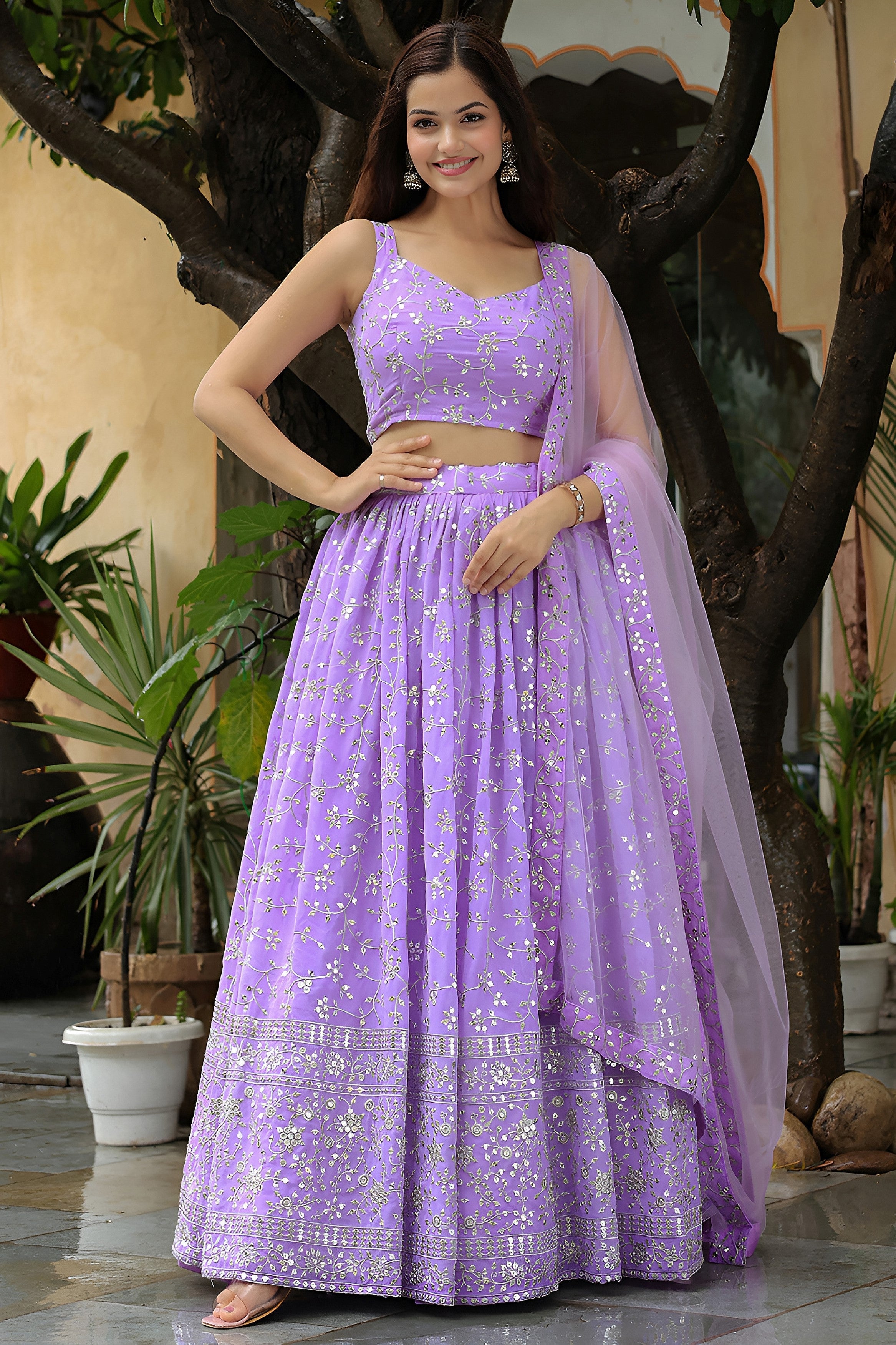 Lavender Georgette Lehenga Choli For Indian & Pakistani Wedding Festival - Thread & Sequins Embroidery Work