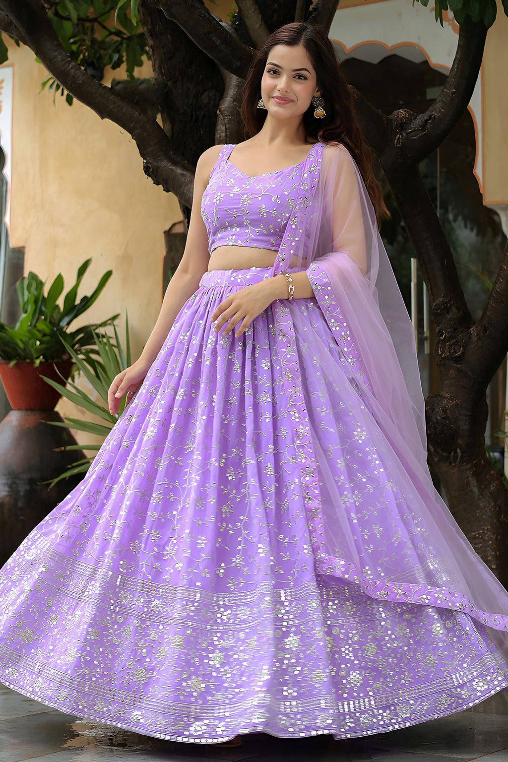Lavender Georgette Lehenga Choli For Indian & Pakistani Wedding Festival - Thread & Sequins Embroidery Work