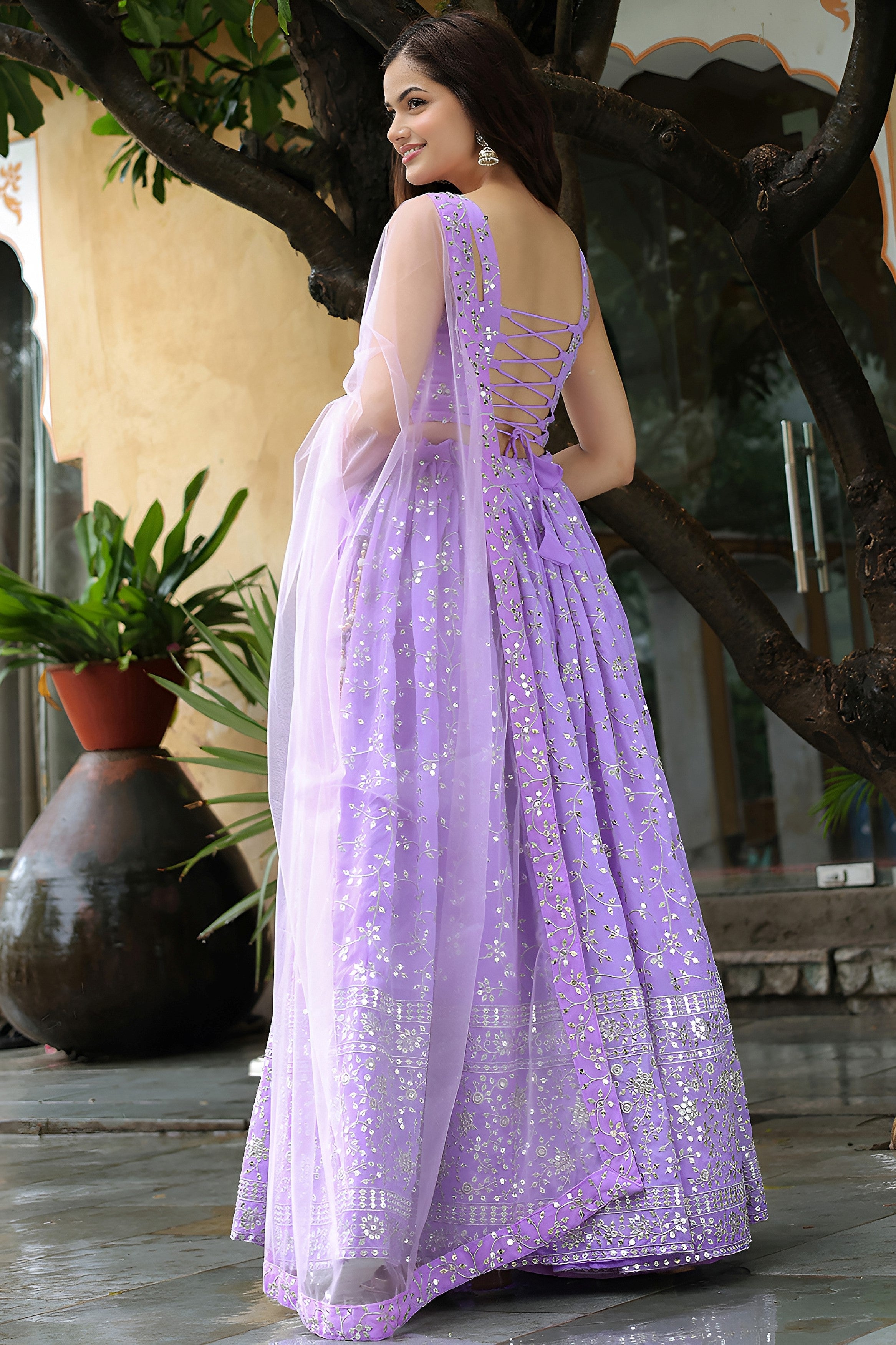 Lavender Georgette Lehenga Choli For Indian & Pakistani Wedding Festival - Thread & Sequins Embroidery Work