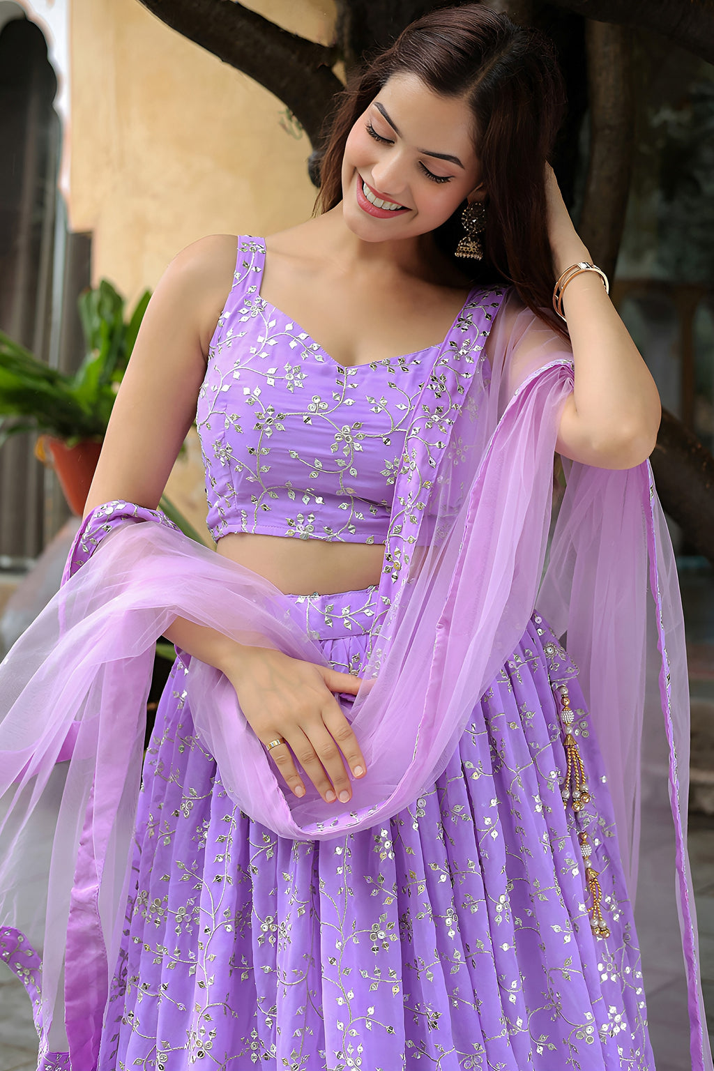 Lavender Georgette Lehenga Choli For Indian & Pakistani Wedding Festival - Thread & Sequins Embroidery Work