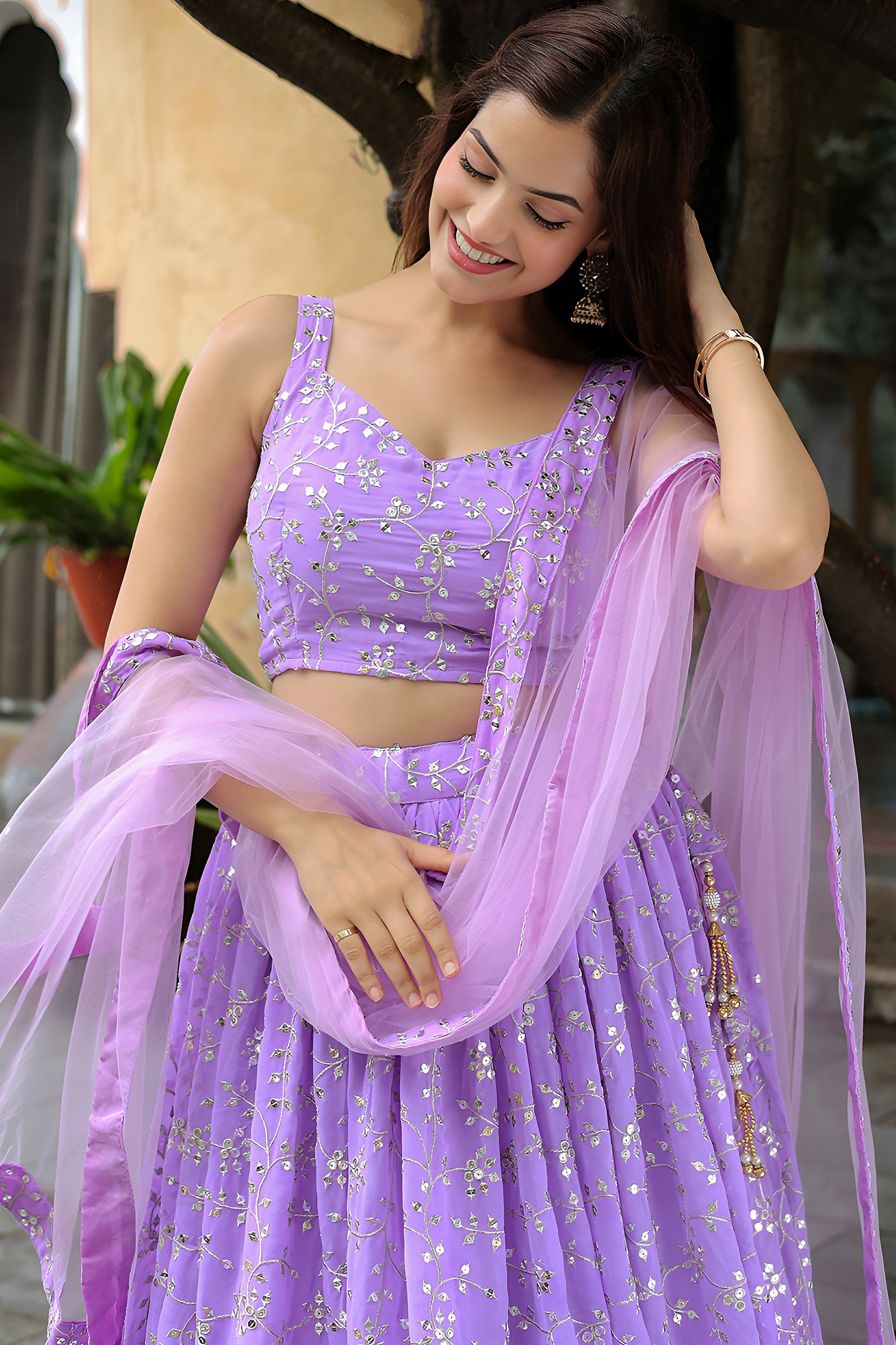 Lavender Georgette Lehenga Choli For Indian & Pakistani Wedding Festival - Thread & Sequins Embroidery Work