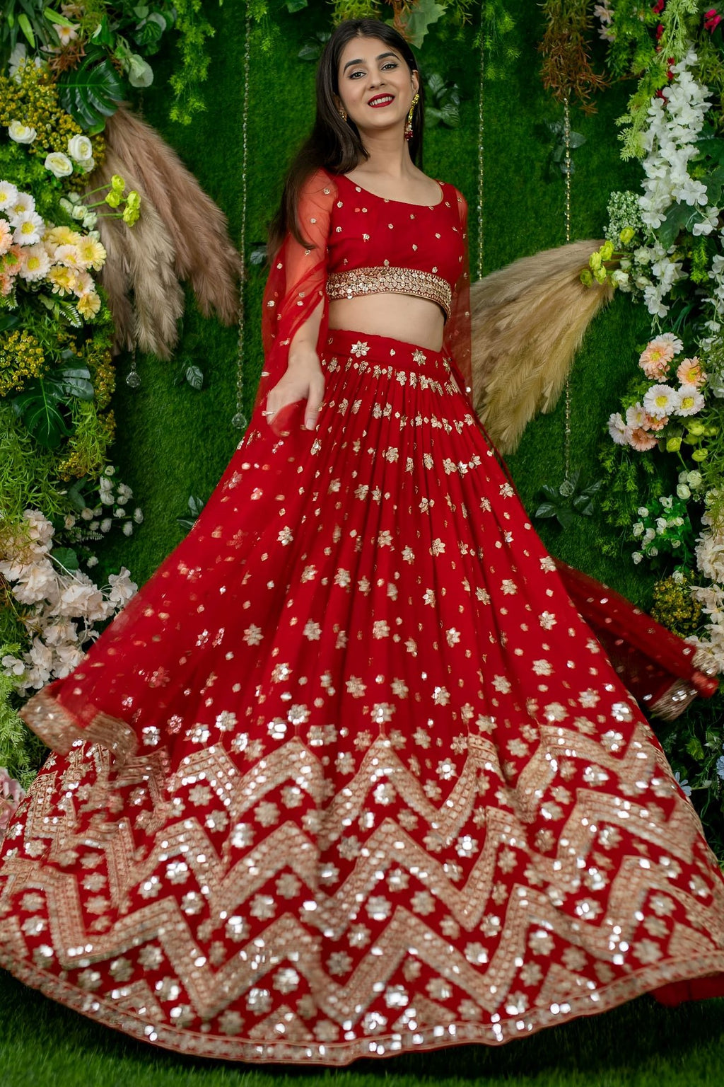 Red Folder Mese Lena He Reception Lehenga Choli with Zari Work
