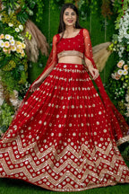 Red Folder Mese Lena He Reception Lehenga Choli with Zari Work