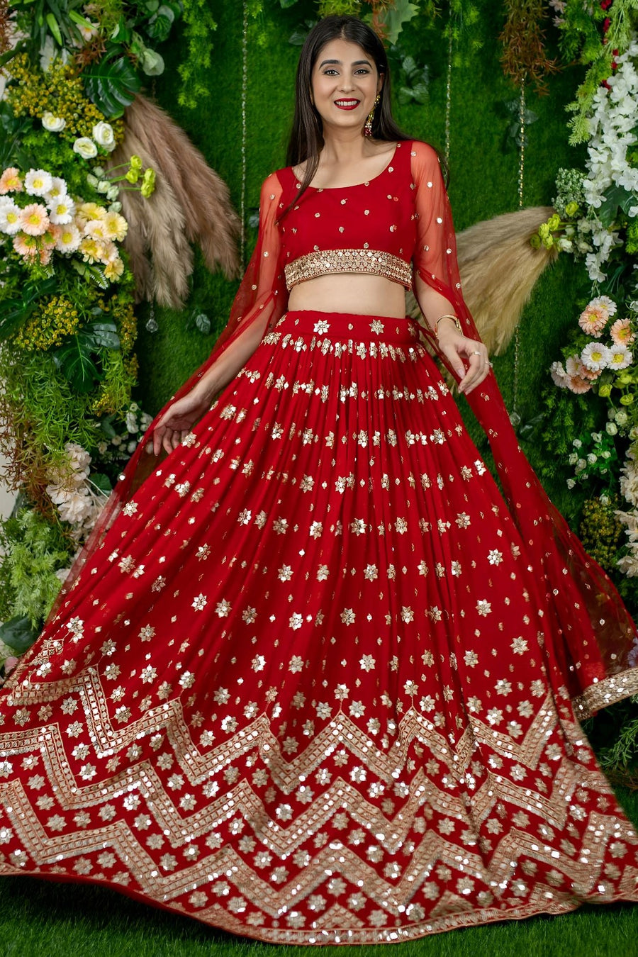 Red Folder Mese Lena He Reception Lehenga Choli with Zari Work