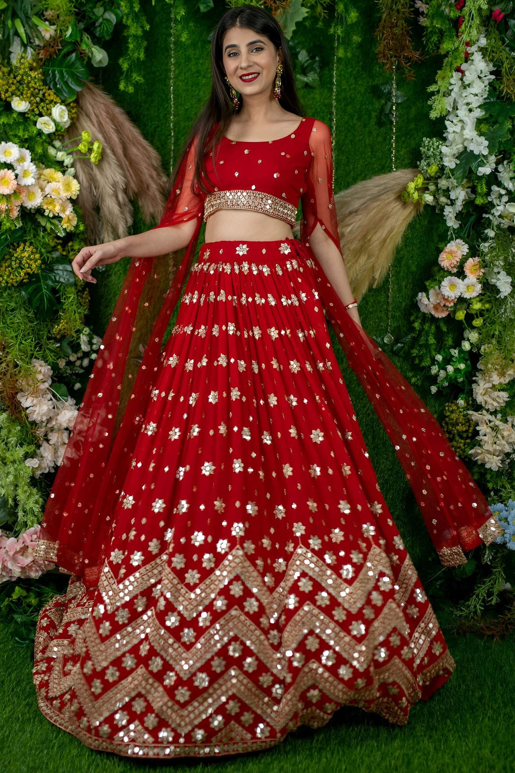 Red Folder Mese Lena He Reception Lehenga Choli with Zari Work