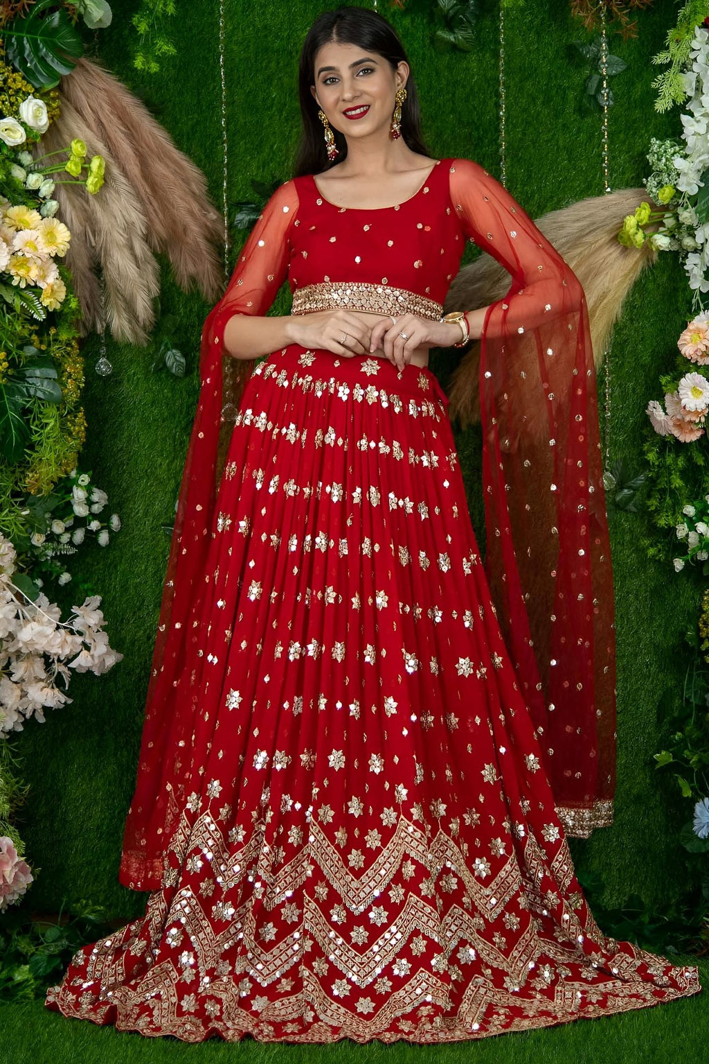 Red Folder Mese Lena He Reception Lehenga Choli with Zari Work
