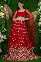 Red Folder Mese Lena He Reception Lehenga Choli with Zari Work