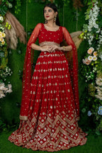 Red Folder Mese Lena He Reception Lehenga Choli with Zari Work