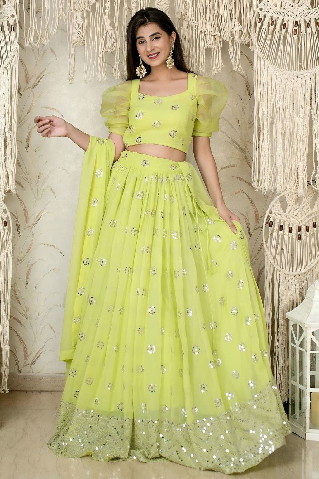 Lemon Reception Lehenga Choli with Zari and Sequins Work