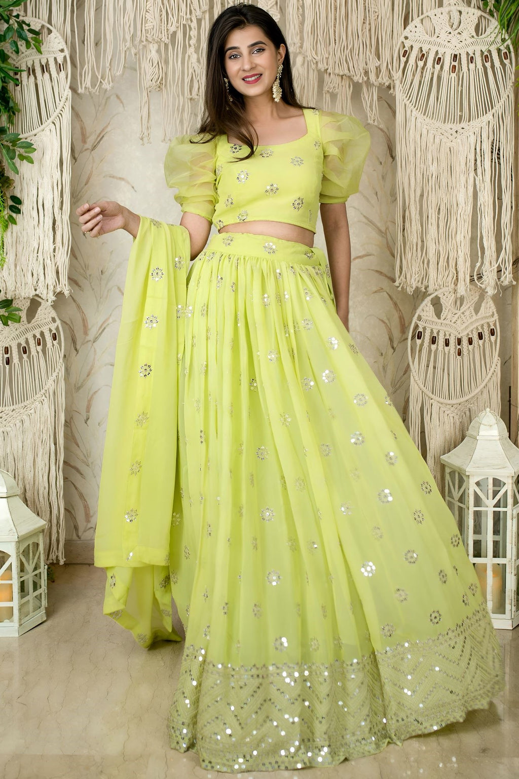 Lemon Reception Lehenga Choli with Zari and Sequins Work