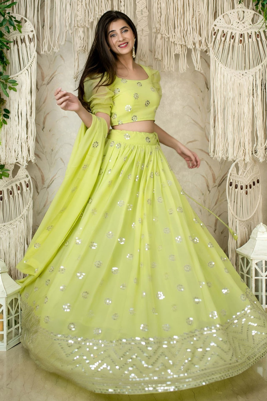 Lemon Reception Lehenga Choli with Zari and Sequins Work