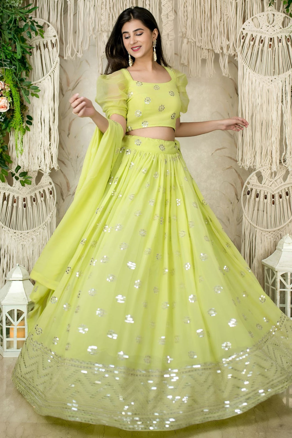 Lemon Reception Lehenga Choli with Zari and Sequins Work