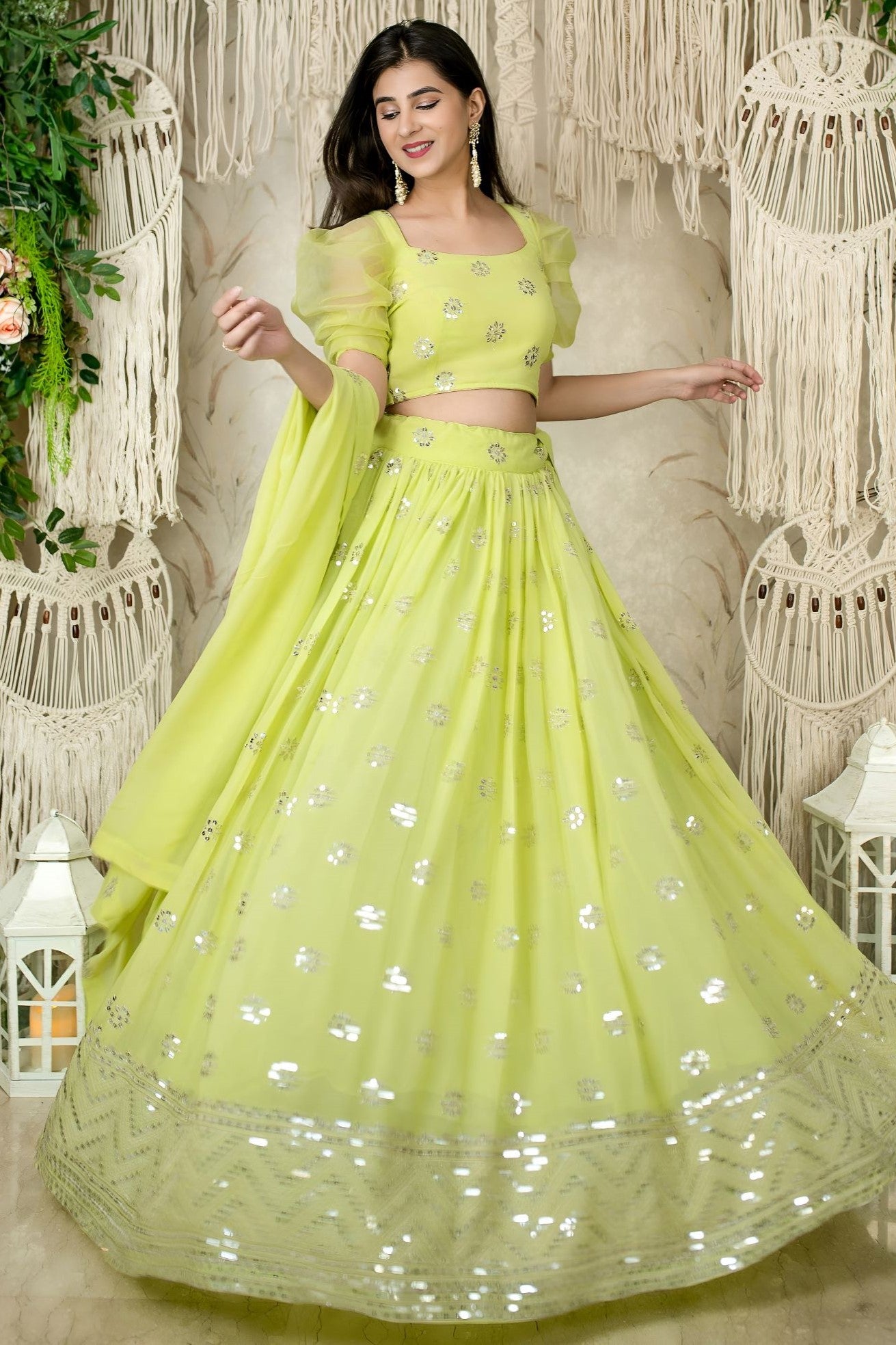 Lemon Reception Lehenga Choli with Zari and Sequins Work