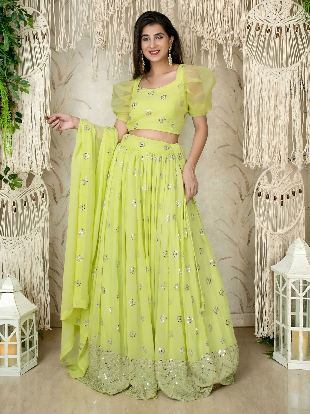 Lemon Reception Lehenga Choli with Zari and Sequins Work