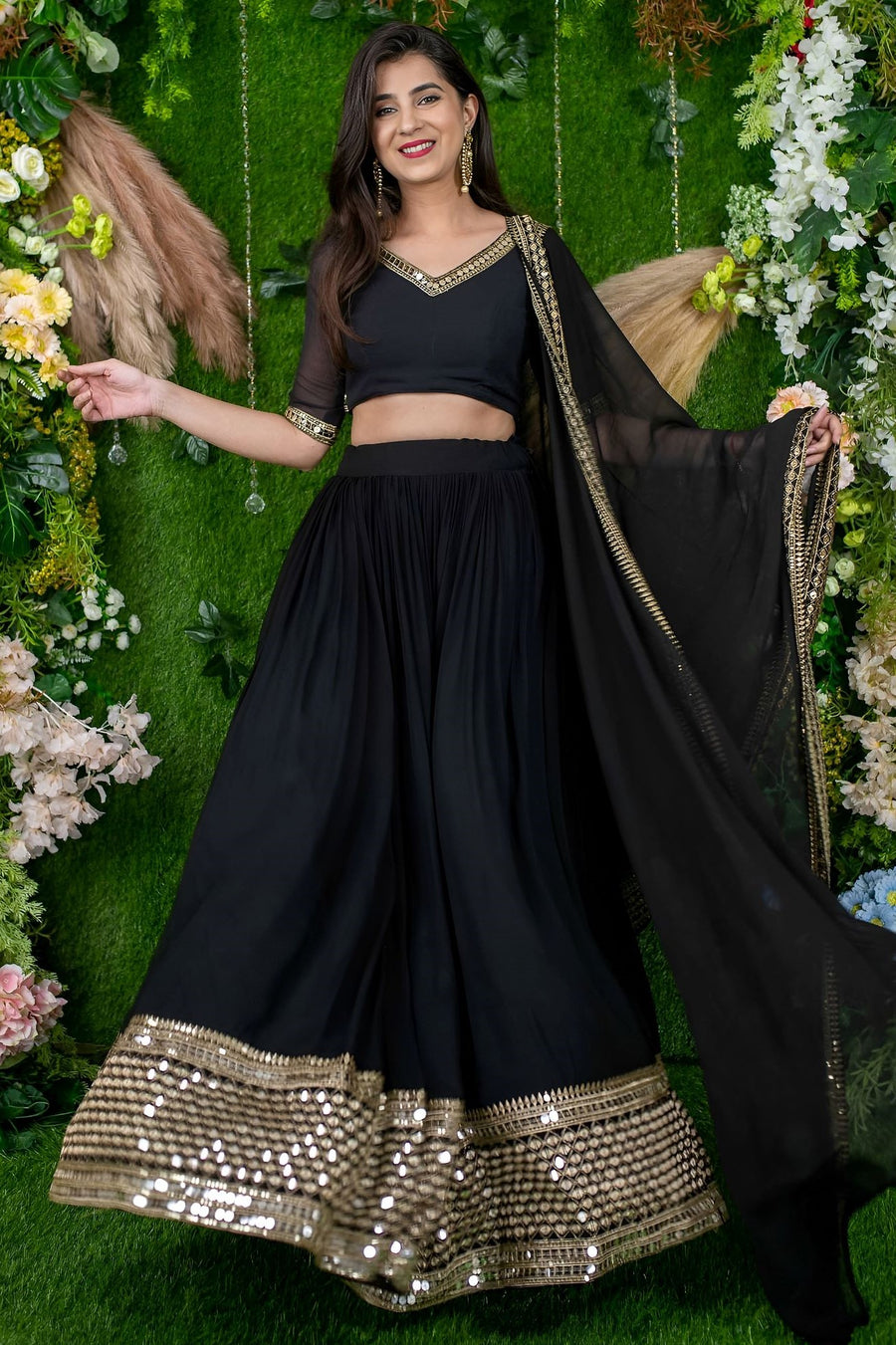 Black Reception Lehenga Choli with Zari and Sequins Embroidery Work