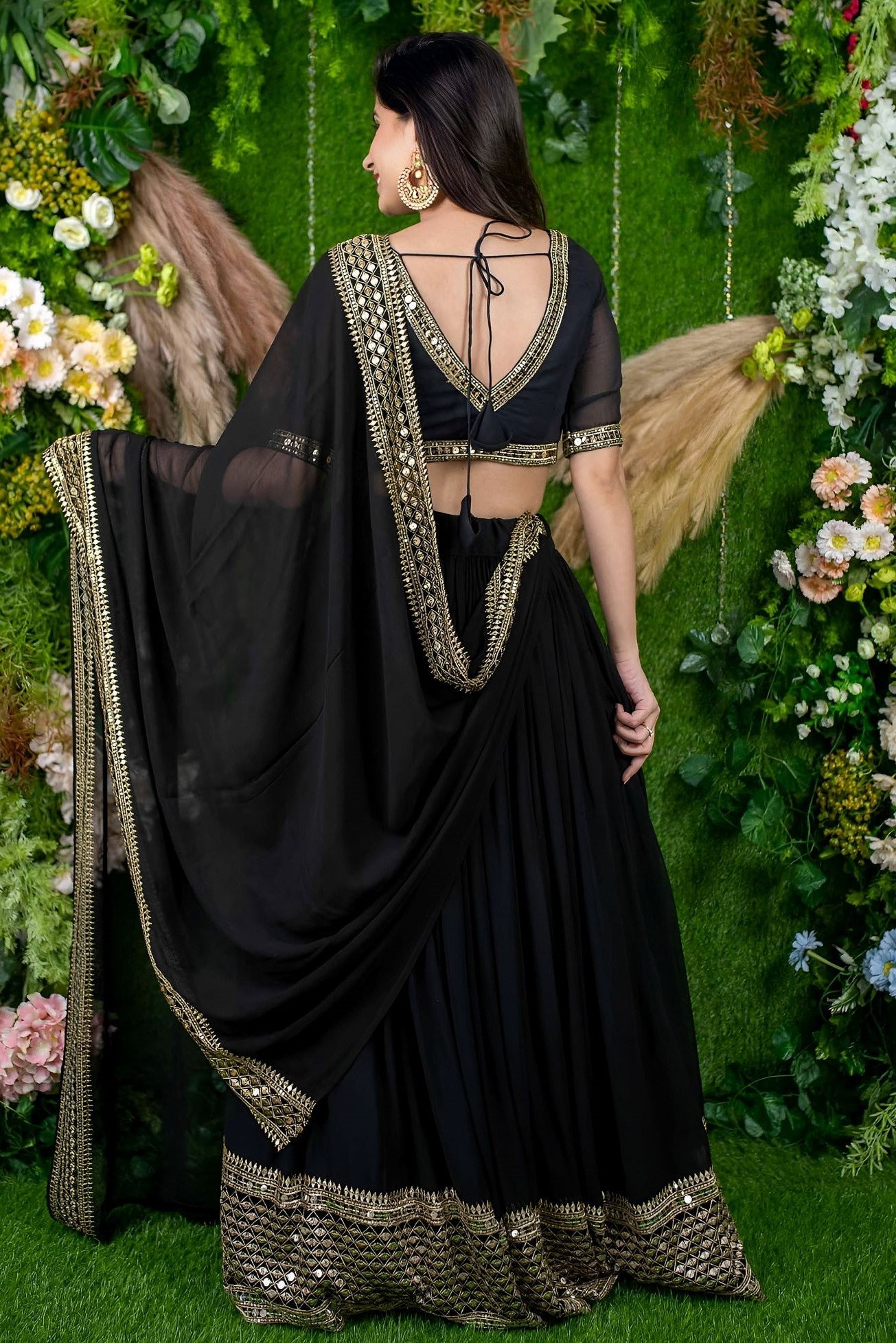 Black Reception Lehenga Choli with Zari and Sequins Embroidery Work