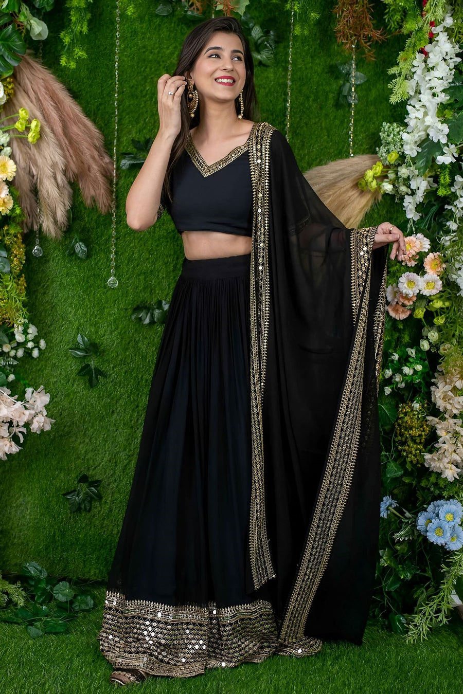 Black Reception Lehenga Choli with Zari and Sequins Embroidery Work