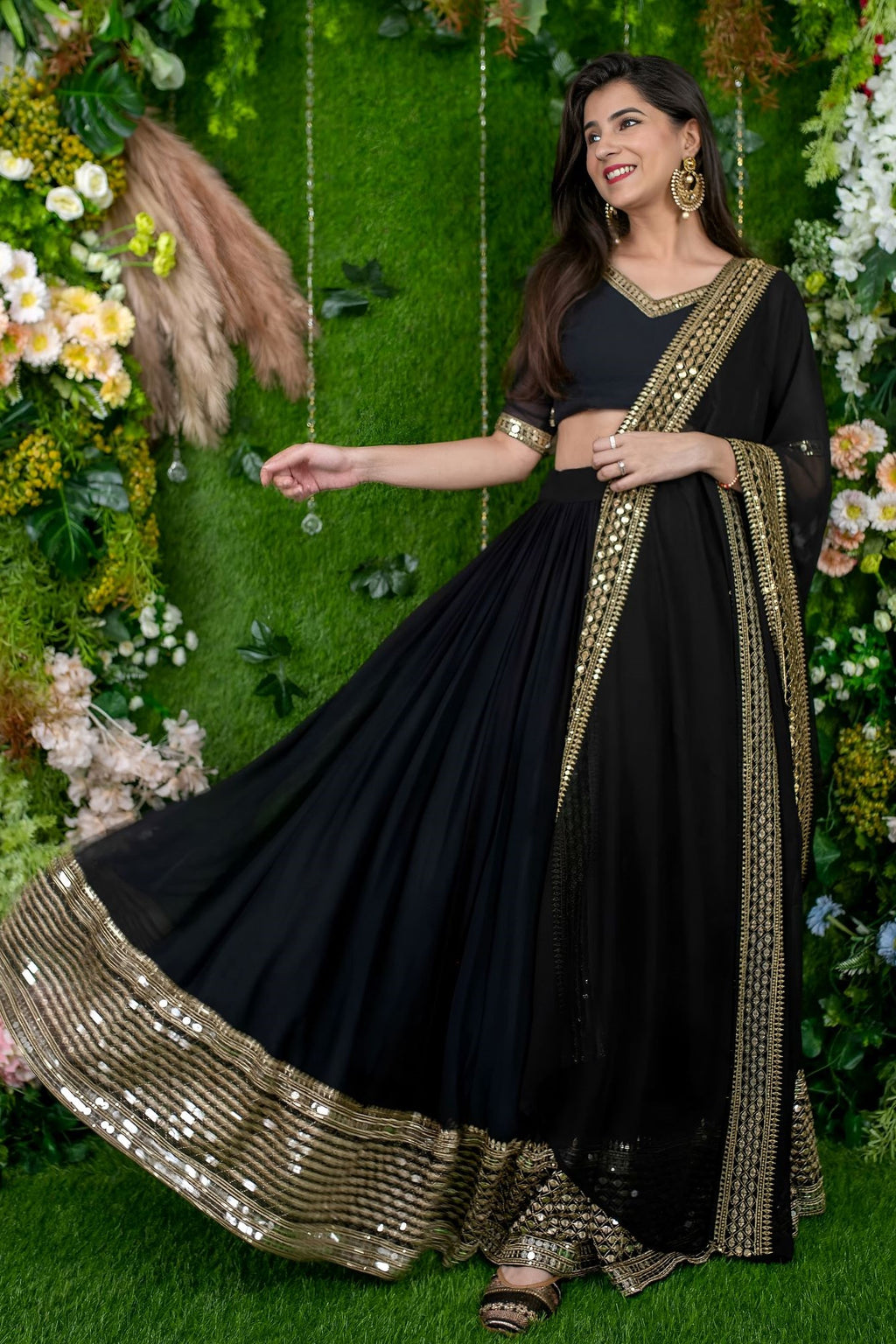 Black Reception Lehenga Choli with Zari and Sequins Embroidery Work