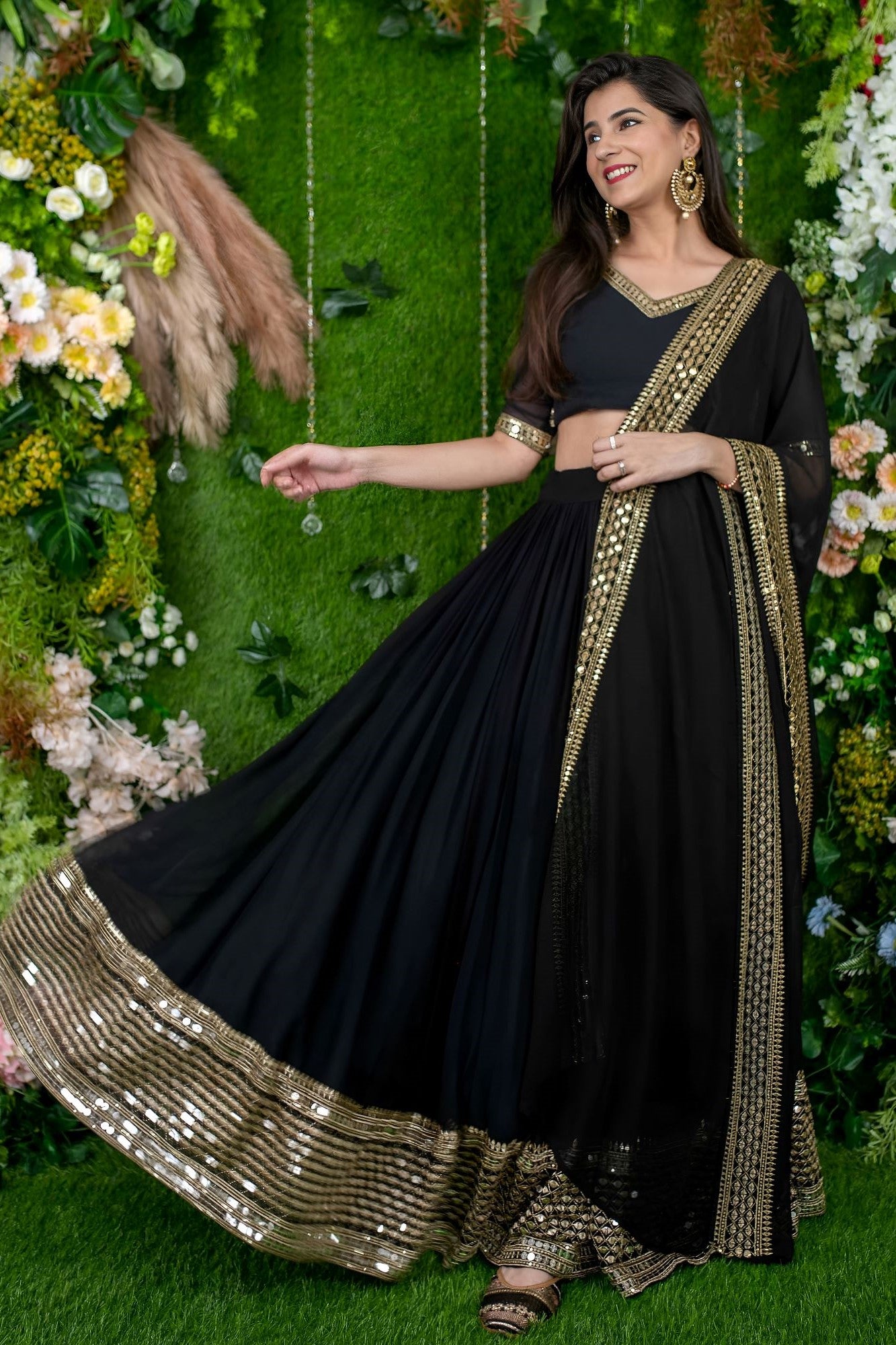 Black Reception Lehenga Choli with Zari and Sequins Embroidery Work