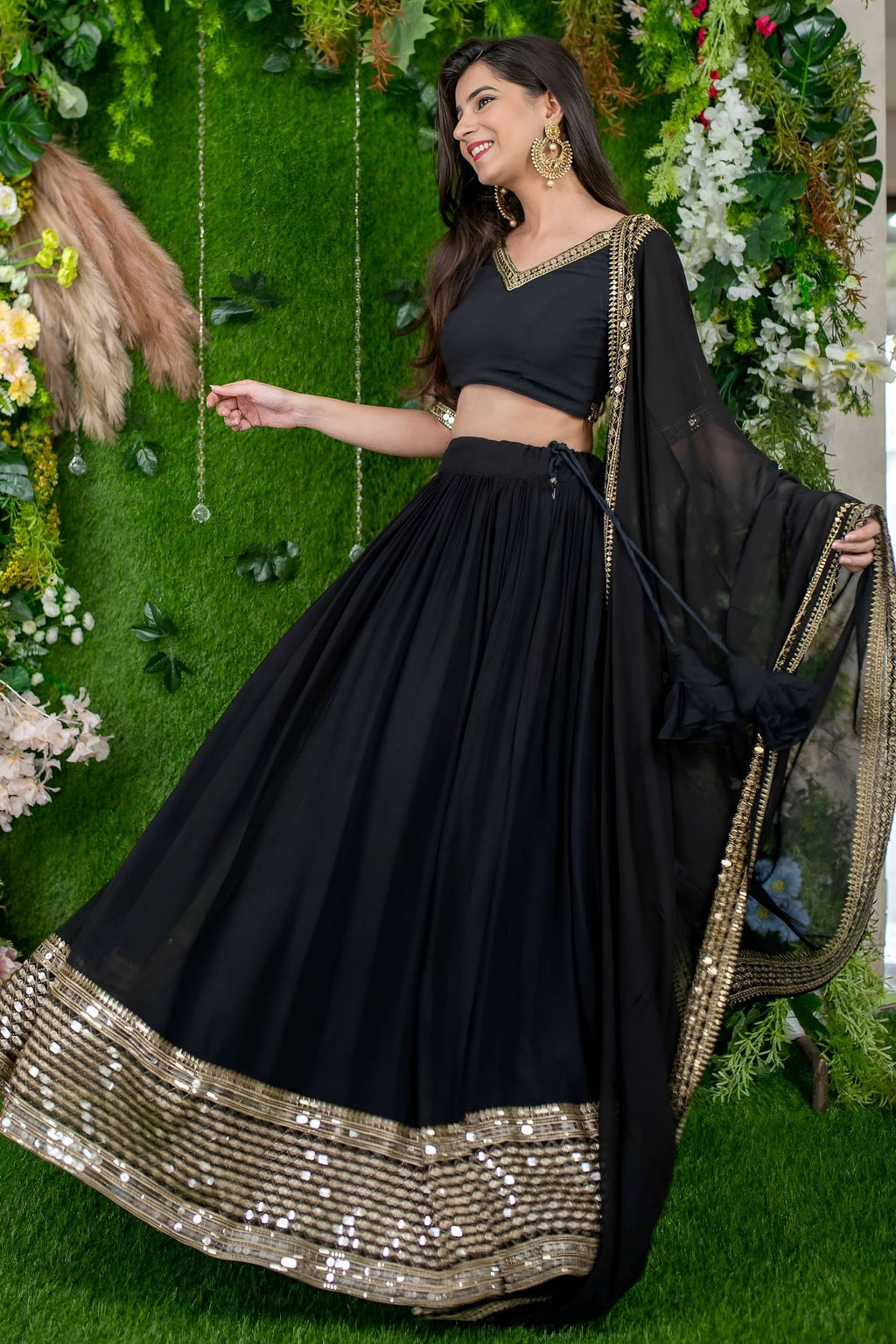 Black Reception Lehenga Choli with Zari and Sequins Embroidery Work