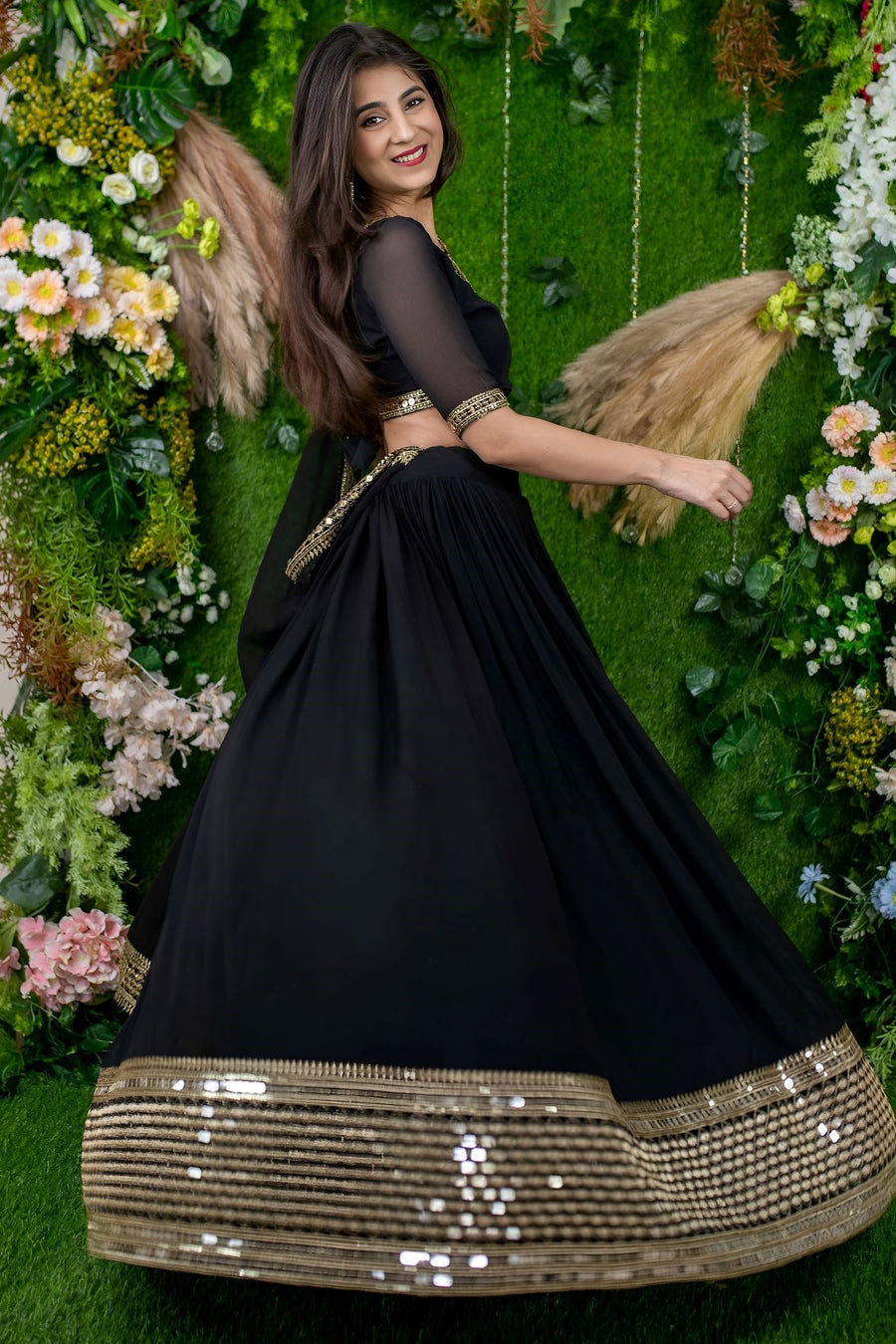 Black Reception Lehenga Choli with Zari and Sequins Embroidery Work