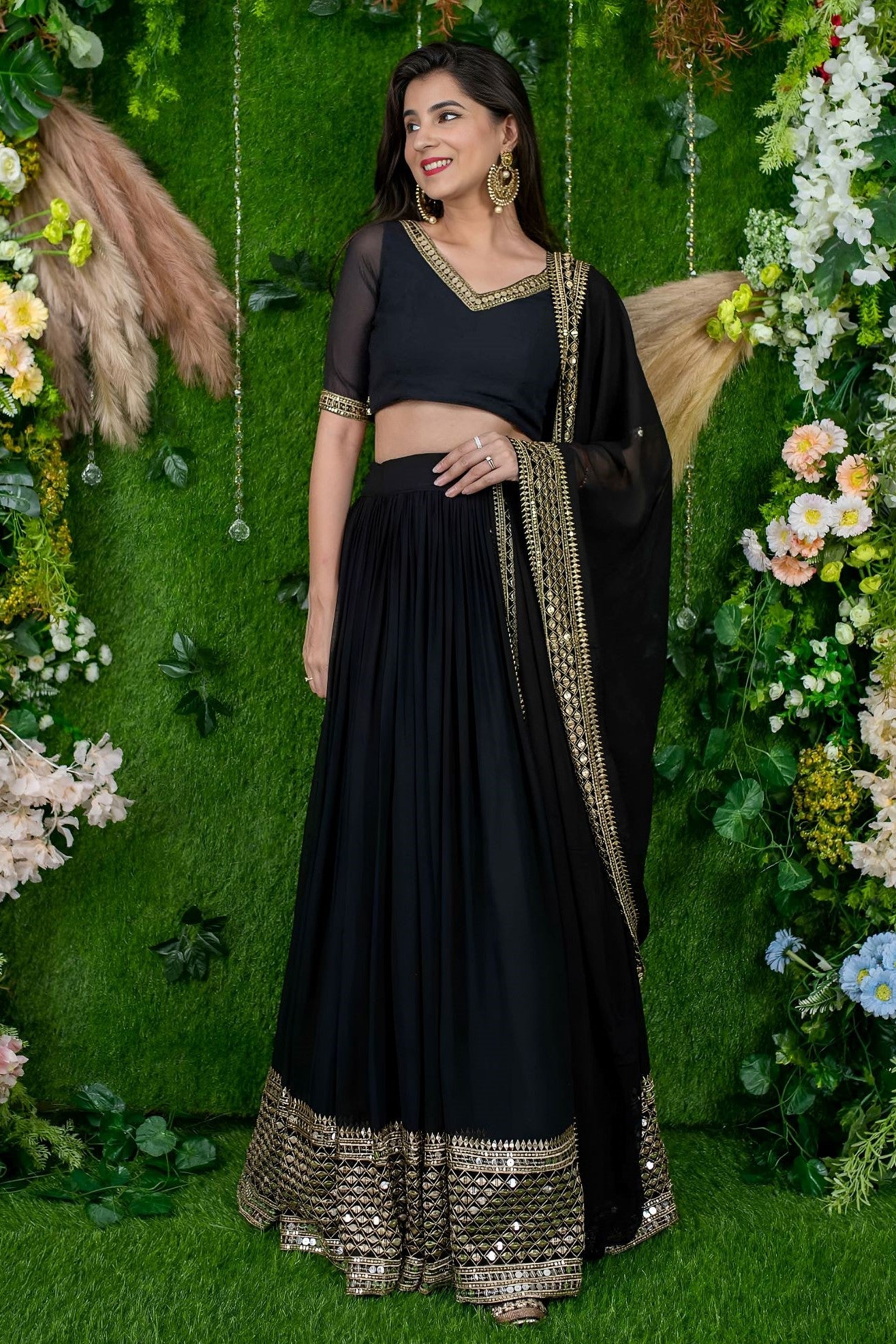 Black Reception Lehenga Choli with Zari and Sequins Embroidery Work