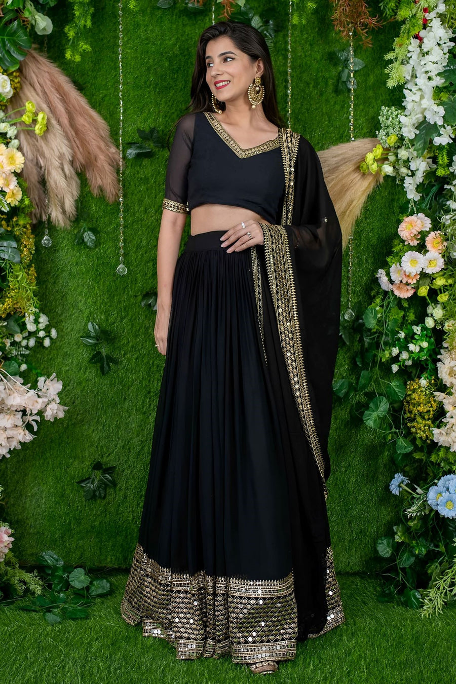 Black Reception Lehenga Choli with Zari and Sequins Embroidery Work