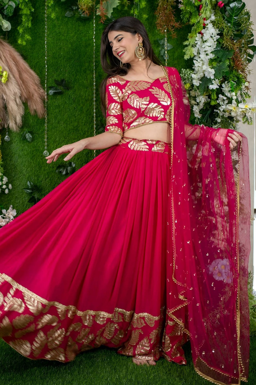 Red Reception Lehenga Choli with Zari and Sequins Embroidery