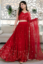 Red Reception Lehenga Choli with Zari and Sequins Embroidery