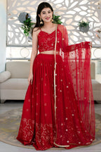 Red Reception Lehenga Choli with Zari and Sequins Embroidery