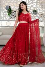 Red Reception Lehenga Choli with Zari and Sequins Embroidery