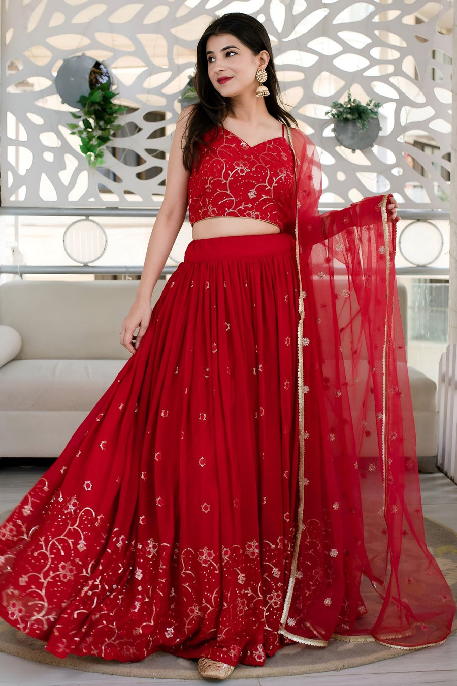 Red Reception Lehenga Choli with Zari and Sequins Embroidery