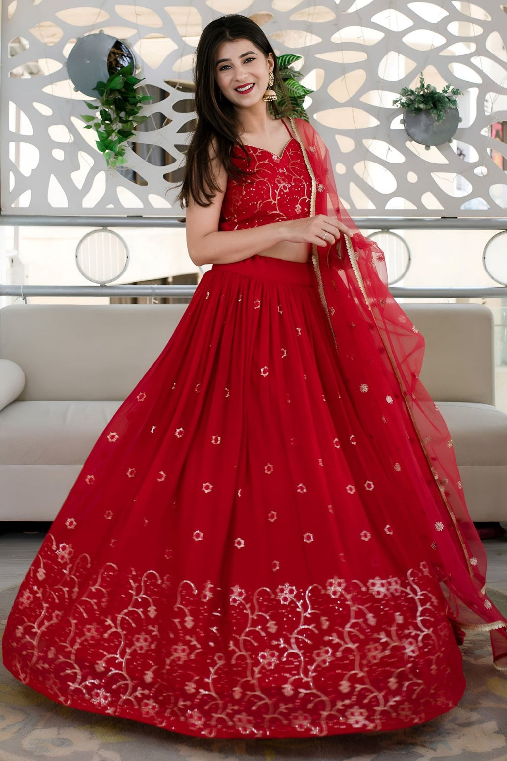 Red Reception Lehenga Choli with Zari and Sequins Embroidery