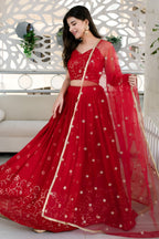Red Reception Lehenga Choli with Zari and Sequins Embroidery