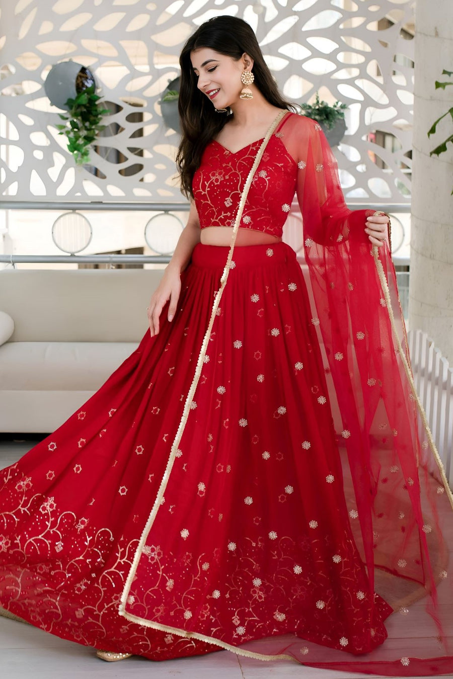 Red Reception Lehenga Choli with Zari and Sequins Embroidery