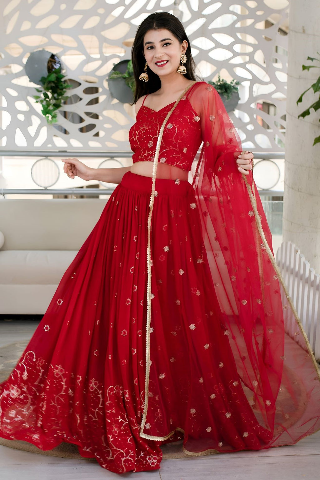 Red Reception Lehenga Choli with Zari and Sequins Embroidery