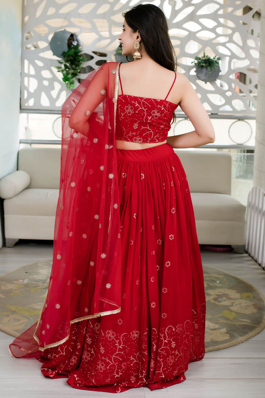 Red Reception Lehenga Choli with Zari and Sequins Embroidery