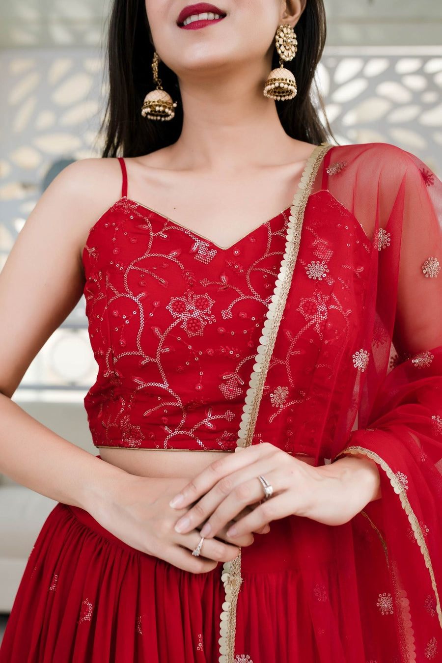 Red Reception Lehenga Choli with Zari and Sequins Embroidery