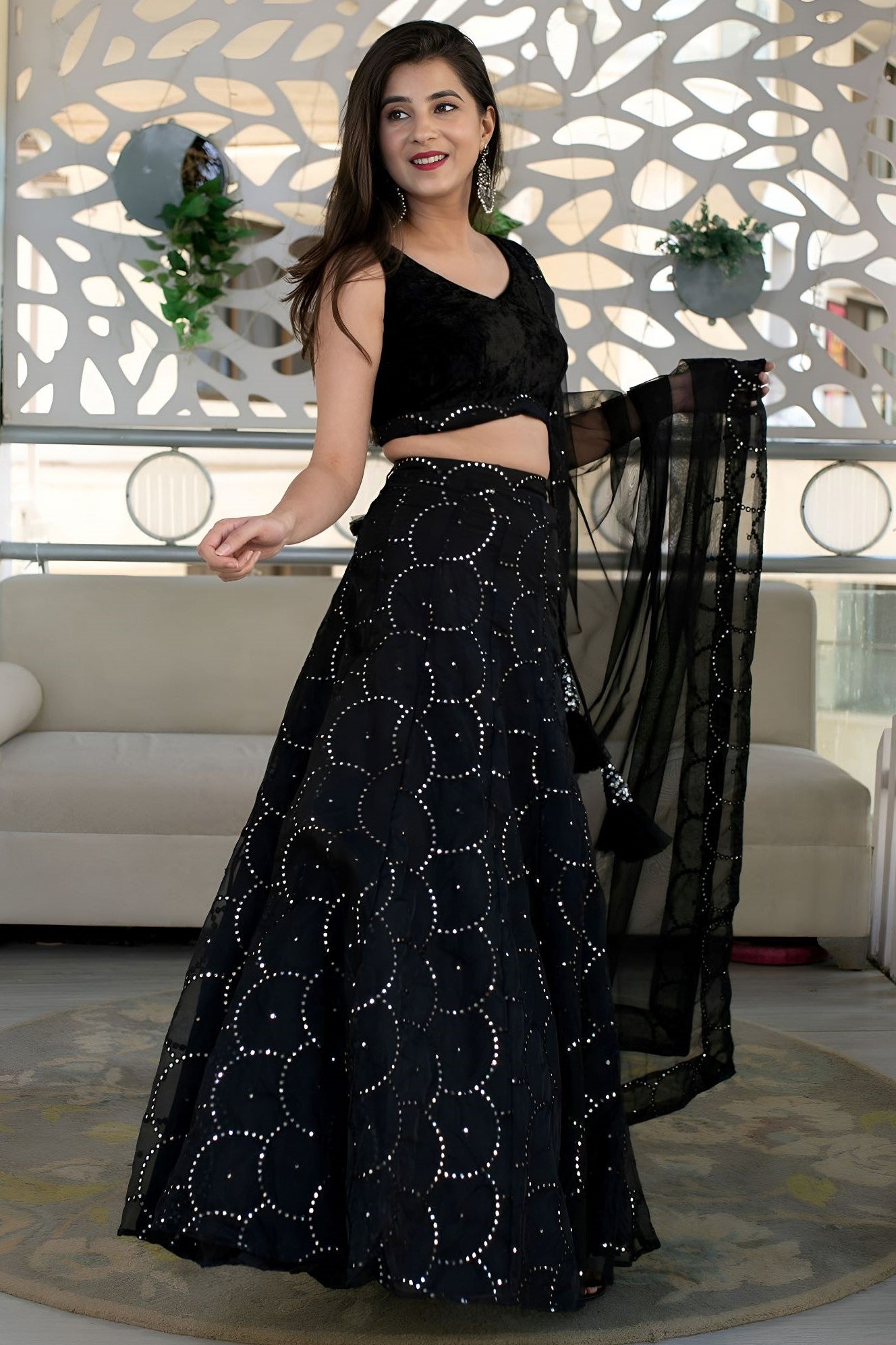 Black Reception Lehenga Choli with Zari and Sequins Embroidery