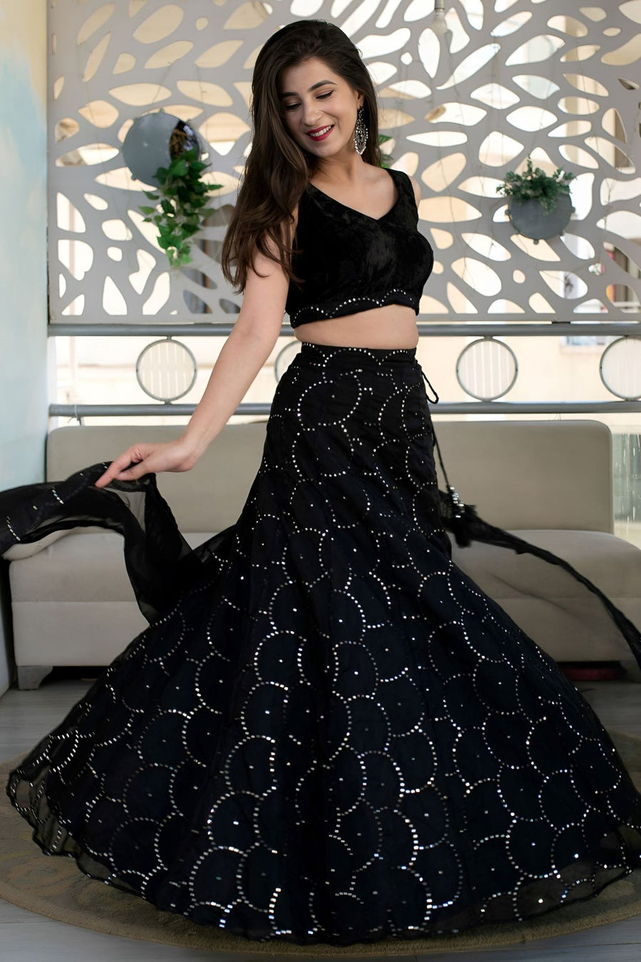 Black Reception Lehenga Choli with Zari and Sequins Embroidery
