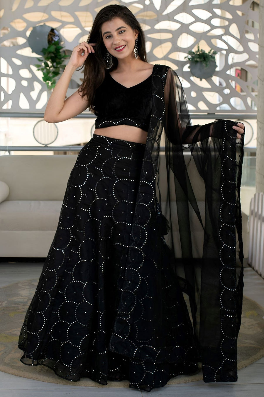 Black Reception Lehenga Choli with Zari and Sequins Embroidery