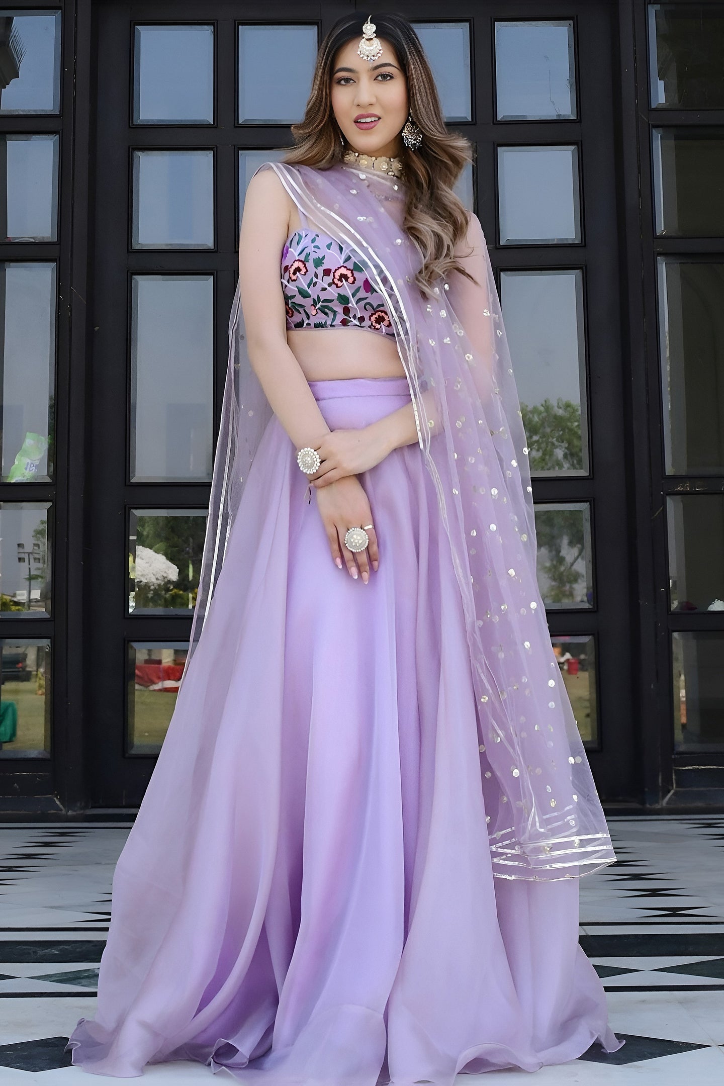 Lavender Organza Silk Engagement Lehenga Choli with Gota Patti & Resham Work