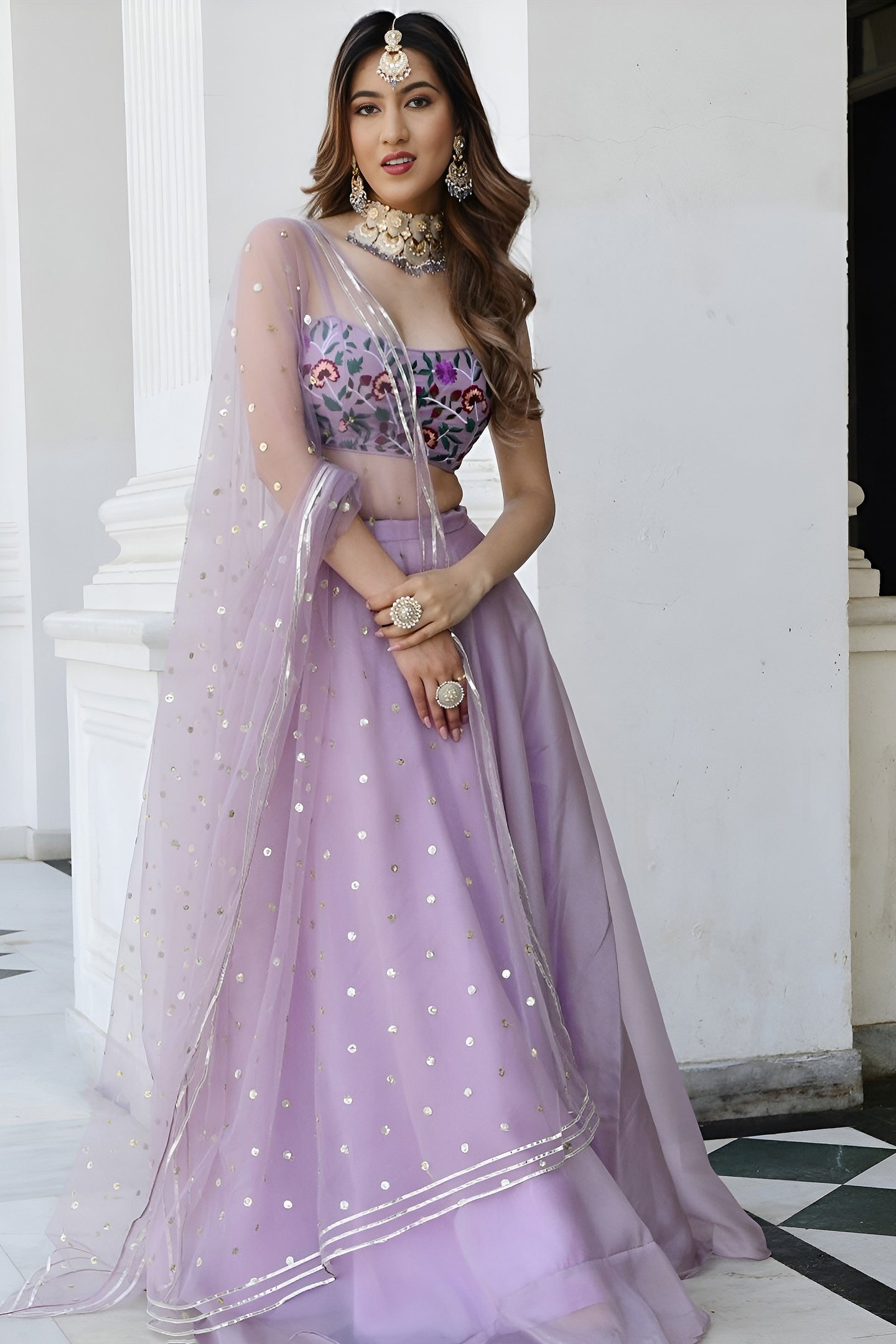 Lavender Organza Silk Engagement Lehenga Choli with Gota Patti & Resham Work